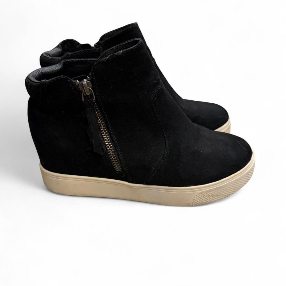 Black Faux Suede Wedge Sneakers Side Zip Ankle Booties Platform Shoes 6